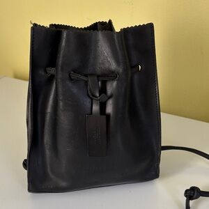 Frederic Black Leather Paper Bag Style Open Top Drawstring Mini Backpack